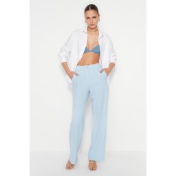 Trendyol albastru deschis talie înaltă picior larg / picior larg plisat țesut pantaloni