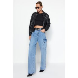 Blugi trendyol albastru deschis cu talie înaltă extra wide leg cu buzunar cargo