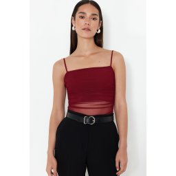 Trendyol Claret Red Adjustable Straps Lined Flexible Tulle Knitted Body