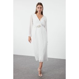 Trendyol Ecru Belted A-Line Pleated Maxi Lined Chiffon Woven Dress