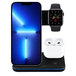 Incarcator wireless NEX NEX TECHÂ® Qi Fast Charger 15W tip Statie de Incarcare 3 in 1, pentru Telefon, Casti, Apple Watch, Incarcare Rapida, Negru