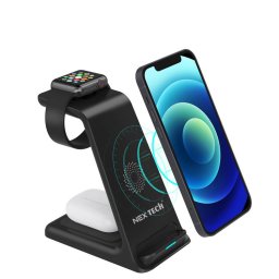 Incarcator NEX wireless NEX TECHÂ® Statie de incarcare 3 in 1 Qi Fast Charger 15W Compatibil iPhone Samsung Huawei Xiaomi Apple Watch Airpods 2 3 Pro Negru