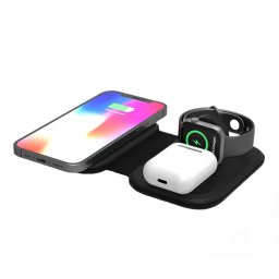Incarcator NEX wireless portabil 3 in 1 NEX TECHÂ® 15W Magnetic Magsafe Fast Charge Pliabil Compatibil cu Galaxy Buds, Buds plus, iWatch, Airpods, Apple, Samsung, Xiaomi, Negru