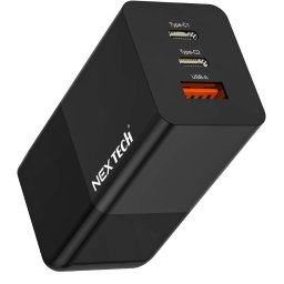 Incarcator retea NEX TECHÂ® Quick Charge Tehnologie GaN 65W 3 porturi 1x USB A, 2x Type C, PD 3.0 Super Fast Charge, 5V-20V Compatibilitate Universala 100-240V 50-60Hz 1.5A Culoare Negru