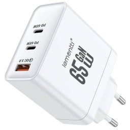 Incarcator Retea Lemontti GaN 2x Type-C si 1x USB-A 65W Fast Charge EU Plug Alb