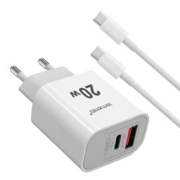 Incarcator Retea Lemontti Fast Charge 20W 1 x PD Type-C + 1 x USB-A Quick Charge 3.0 si Cablu Type-C - Type-C 20W 1M Alb