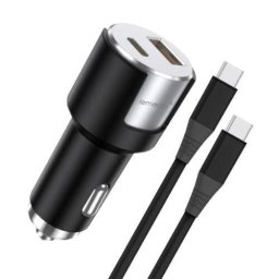 Incarcator Auto Lemontti Fast Charge 1 x port PD Type-C 20W + 1 x port USB-A QC 3.0 18W cu Cablu Type-C la Type-C 20W 1M Negru/Argintiu