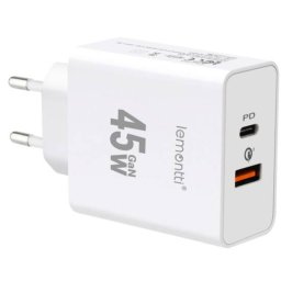 Incarcator Retea Lemontti GaN Fast Charge 45W 1 x PD Type-C + 1 x USB-A Quick Charge 3.0 Alb
