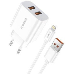 Incarcator Retea Foneng EU45 Fast Charger 2x USB + Cablu USB Lightning Alb