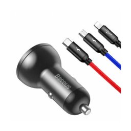 Incarcator Auto Baseus Digital Display Cu Cablu Lightning MicroUSB USB-C 24W 2.4A 2x USB-A Gri