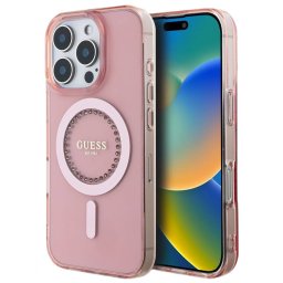 Husa Guess Rhinestones Ring MagSafe pentru iPhone 16 Pro Roz