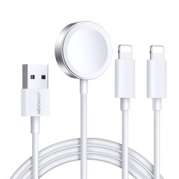 Cablu de date Joyroom S-IW007 3 in 1, USB la 2x Lightning, Incarcator wireless 3.5W Apple Watch integrat, 1.2m, Alb
