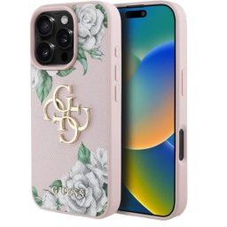 Husa Guess Grained Roses 4G Metal Logo pentru iPhone 16 Pro Roz