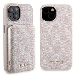 Husa Guess 4G Metal Gold Logo + baterie externa MagSafe 5000mAh compatibila cu iPhone 15, Roz