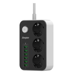 Prelungitor ENERGIZER Max 3 x AC Schuko + 6 x USB-A 2500W 10A 2m Negru