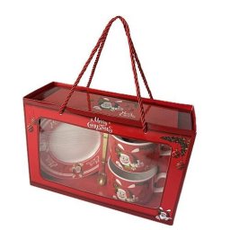 Set Cadou Craciun Generic 2 Cani 2 Farfurii 2 Lingurite din Ceramica in Cutie Eleganta Rosu