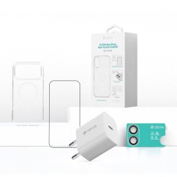 Set 4 in 1 Devia iPhone 17 Incarcator Retea GaN PD 30W + Husa Silicon Magsafe + Folie Sticla Military-Grade cu Aplicator + Folie Sticla Camera