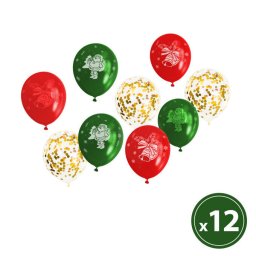 Set Baloane Familly Christmas cu Motive de Craciun 12 Piese / Pachet Rosu Verde Auriu
