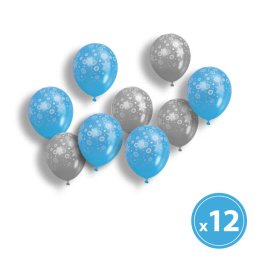 Set Baloane Familly Christmas cu Motive de Craciun 12 Piese / Pachet Cauciuc Albastru/Argintiu