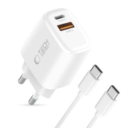 Incarcator TECH-PROTECT NC45W-GAN, 1x USB-C, 1x USB-A, Power Delivery 45W, Cablu USB-C la USB-C de 1m inclus, Alb