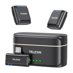 Microfon Telesin P5-MCP-01, 2 TX + 1 RX, Carcasa incarcare, Raza actiune 200m, 365mAh, USB-C, Negru