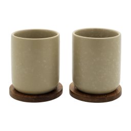 Set 2 Cesti de Ceai Bredemeijer Umea 200ML cu Suport Lemn Ceramica Bej/Maro
