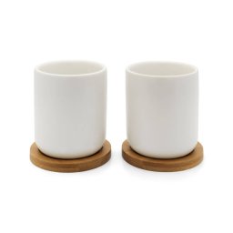 Set 2 Cesti de Ceai Bredemeijer 142013 200ML cu Suport Bambus Ceramica Alb/Maro