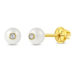 Cercei din Aur 14K pentru Copii, model Perla 5mm cu Piatra CZ alba, inchidere cu Filet si Protectie