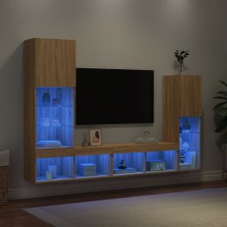 Gossi unitati de perete tv cu led-uri, 4 piese, stejar sonoma, lemn