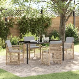 Set de dining pentru gradina Gossi 5 piese cu perne bej poli ratan, masa de gradina Gossi neagra 160x80x73 cm sticla calita