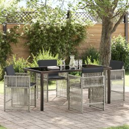 Set de masa de gradina Gossi cu 5 piese si perne gri deschis din ratan polimerizat, masa de gradina Gossi neagra 160x80x73 cm cu sticla securizata