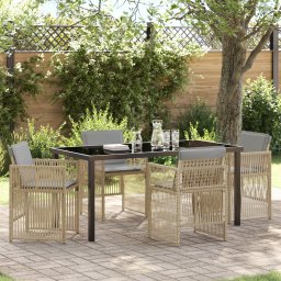 Set dining gradina 5 piese cu perne ratan bej, masa gradina Gossi neagra 160x80x73 cm sticla securizata