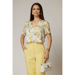 Bluza dama ivoar cu imprimeu galben si maneci scurte