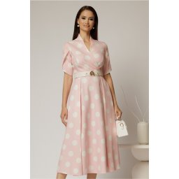 Rochie DY Fashion roz cu buline cu decolteu si maneci petrecute