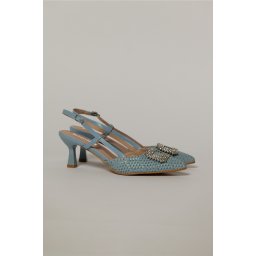 Pantofi bleu cu finisaj impletit si accesoriu cu pietre stralucitoare