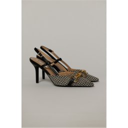 Pantofi negru cu finisaj impletit bej si accesoriu auriu
