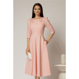 Rochie midi roz de ocazie cu nasturi pe bust si guler cu broderie si margele