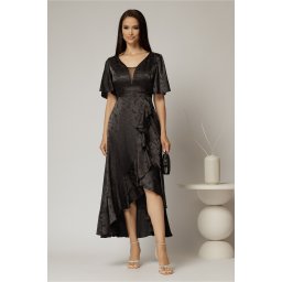 Rochie neagra lunga din satin in clos cu volan si crapatura pe fusta