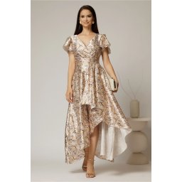 Rochie asimetrica din satin cu imprimeuri bej si decolteu petrecut