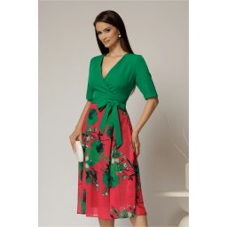Rochie DY Fashion office din stofa si voal verde cu imprimeu pe fusta