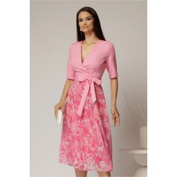 Rochie DY Fashion office din stofa si voal roz cu imprimeu pe fusta