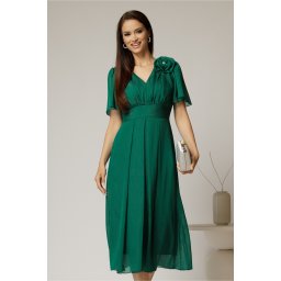 Rochie midi verde din voal cu fir lurex si floare la umar