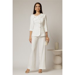 Compleu DY Fashion alb din sacou cu funda si nasturi perla si pantaloni