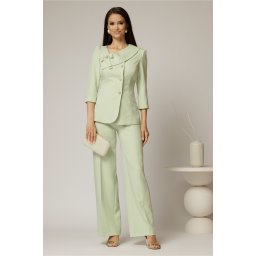 Compleu DY Fashion verde fistic din sacou cu funda si nasturi perla si pantaloni