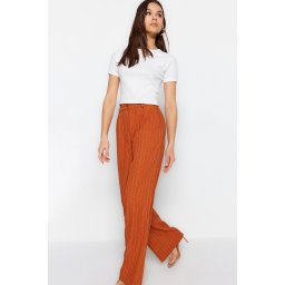 Trendyol maro talie înaltă picior larg picioare largi dungi țesute pantaloni