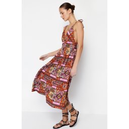 Trendyol Red Shawl Pattern Strappy Heart Collar Shawl Patterned Max Knitted Dress