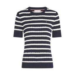 TOMMY HILFIGER Pulover 'Cable Short Sleeve' albastru / alb