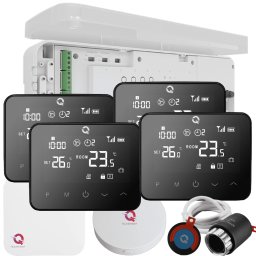 Kit Automatizare încălzire în pardoseală 4 zone Wireless, pentru case tip P, Controller Q20, 4 termostate Q20 negre, 8 actuatoare NC - Kit fara set Actuator