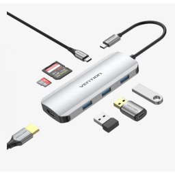 Docking Station Vention,HDMI(M), 3xUSB 3.2 gen1,PD 100W,SD/TF dual card slot,conec prin USB-C(T),transf 5 Gbps,aliaj Al si ABS,1 Gbit,4K/30Hz,argintiu TOJHB (timbru verde 0.18 lei)-6922794756816