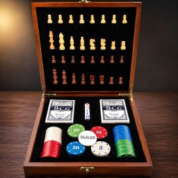 Set de jocuri 4 A n 1 cu E ah, poker, jetoane E i zaruri , cutie eleganta din lemn